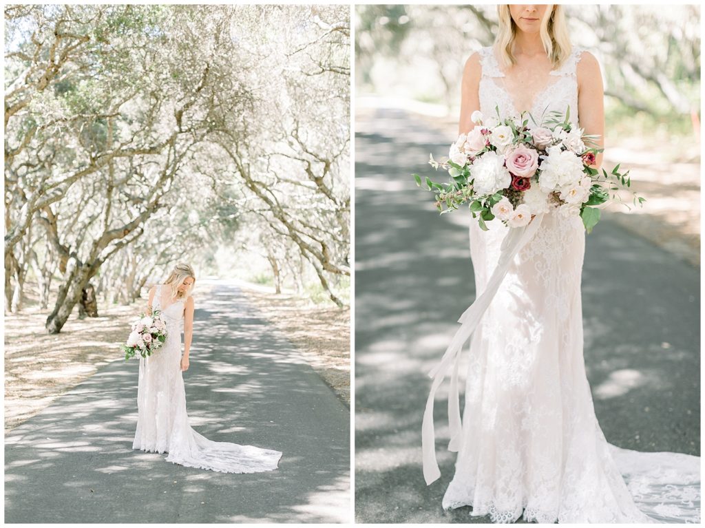 Stunning bride under oak trees holding a bouquet of White Peonies, Quicksand Roses, Majolica Spray Roses, White Ranunculus, Burgundy Lisianthus, Chocolate Lace, and Purple Astrantia