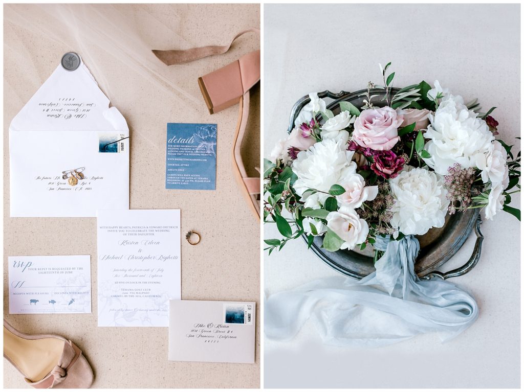 Wedding invitations by Pretty Little Paper Co. from Reno, NV and neutral bridal bouquet by Gavita Flora with Silk Ribbon from Silk & Willow