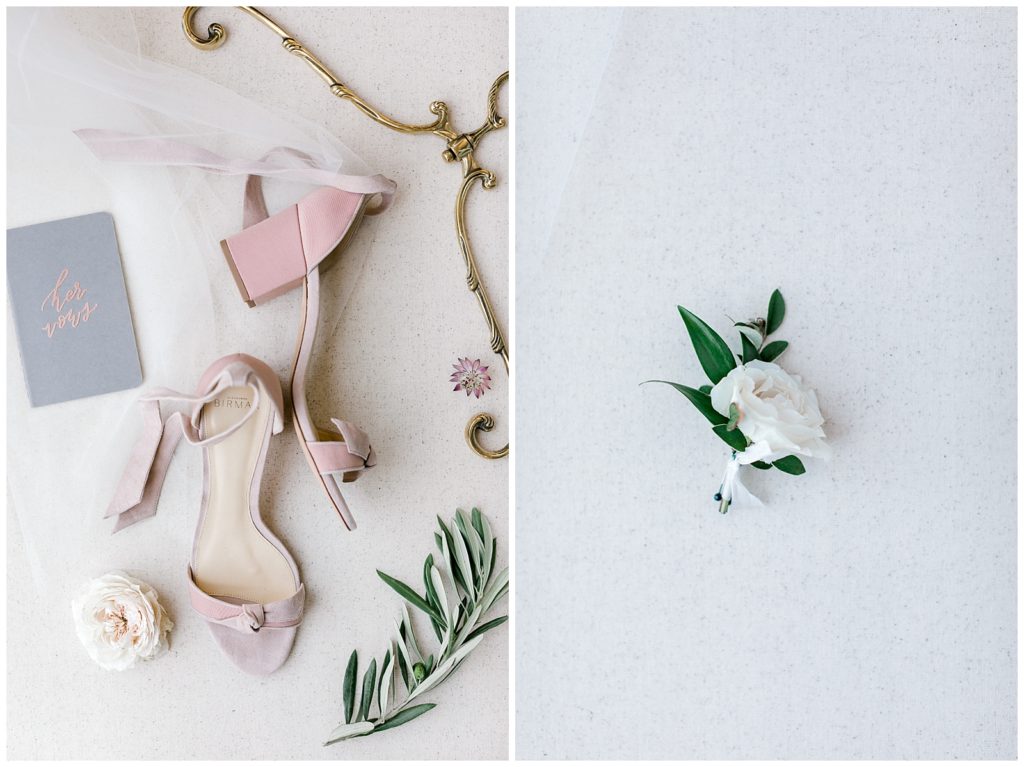 Pink bridal shoes from Alexandre Birman and White Ranunculus and peonies