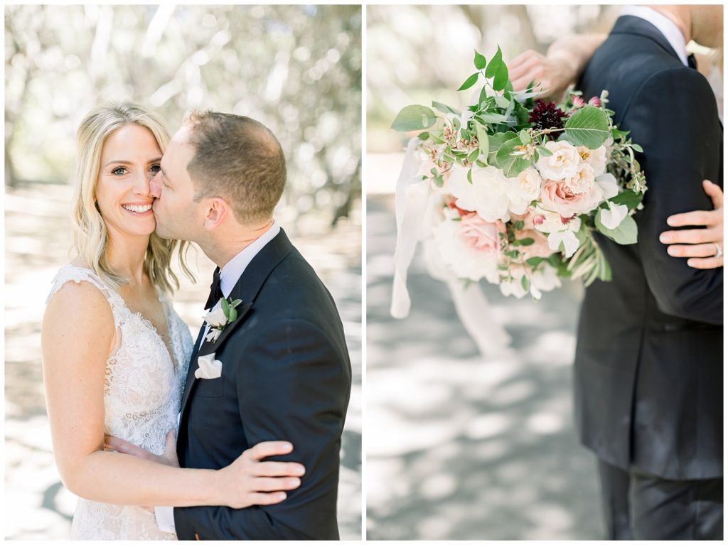 Groom kissing bride on the cheek and bridal bouquet from Gavita Flora