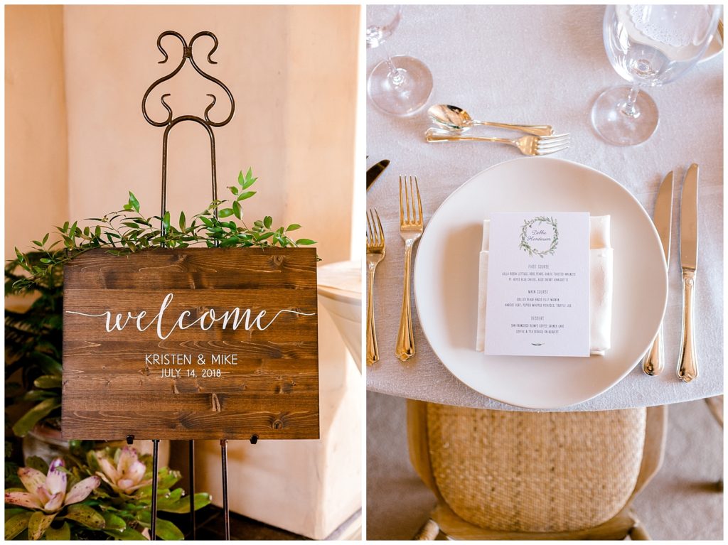 Wooden welcome board and neutral wedding table settings