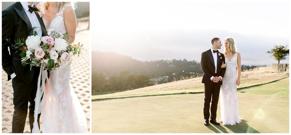 Bride and groom smiling at each other on the green at sunset at Tehama Golf Club