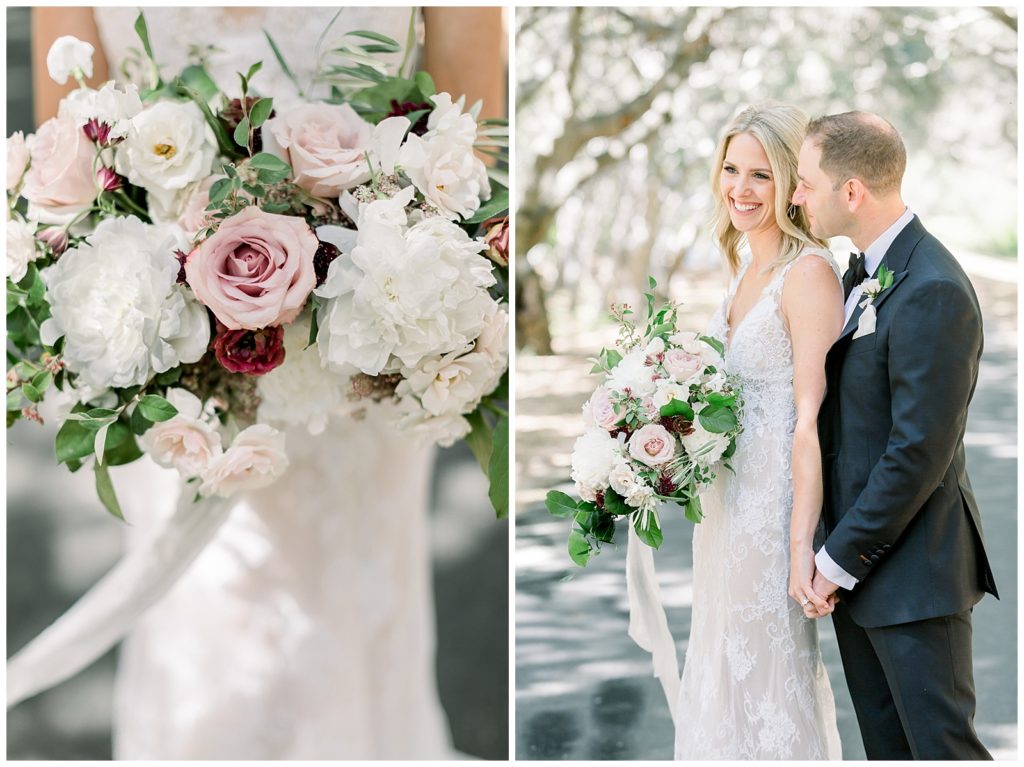 Stunning bridal bouquet from Gavita flora with White Peonies, Quicksand Roses, Majolica Spray Roses, White Ranunculus, Burgundy Lisianthus, Chocolate Lace, Purple Astrantia, Olive, Pear Branches, and Italian Ruscus
