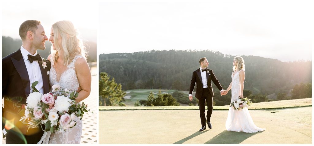 Bride and groom walking hand-in-hand at sunset at Tehama Golf Club