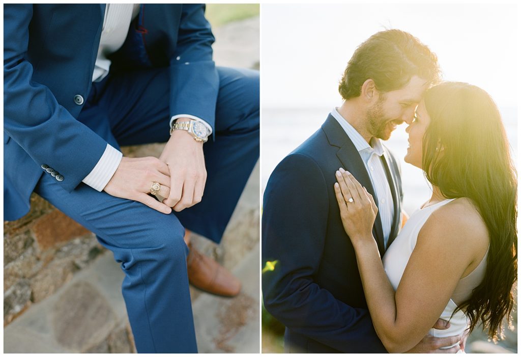 his and her details; gold ring and watch; couple touching their foreheads together on the beautiful Pebble Beach shoreline with the sunshine behind them