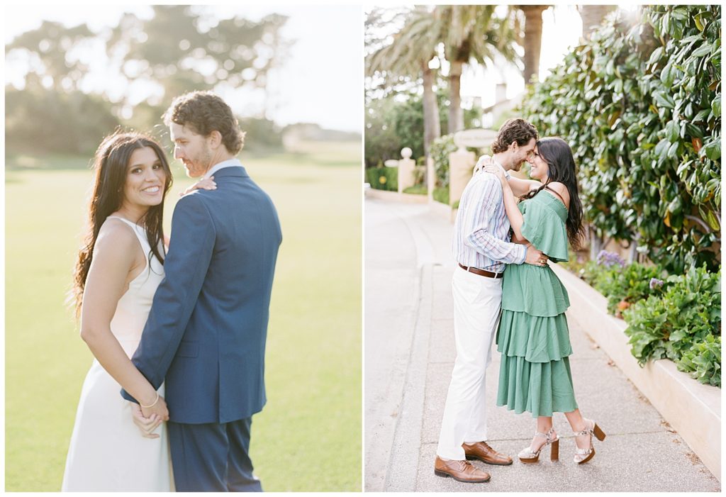couple in each others' arms surrounded by lush greenery in an open field and planters