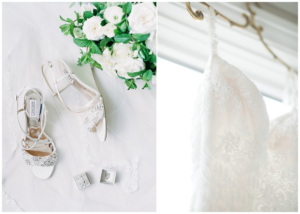 photos of her wedding details; bridal shoes by Badgley Mischka, white flower bouquet, and ring boxes; a close up of the bride's wedding dress with floral lace details by film photographer AGS Photo Art