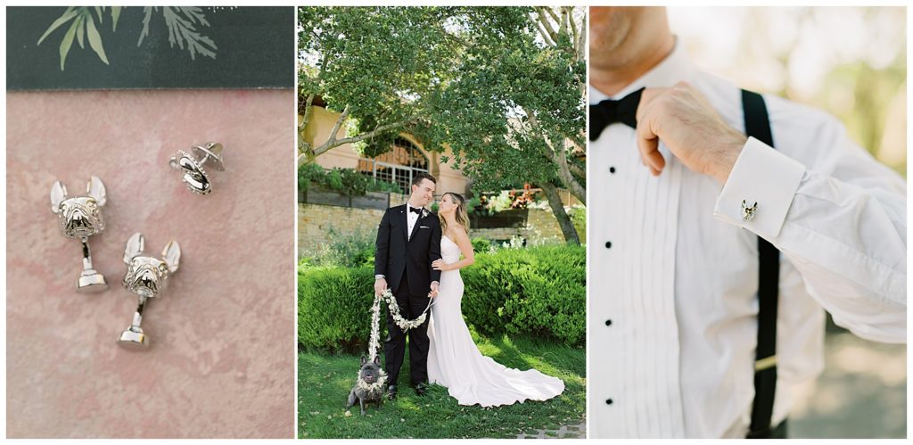 Black Tie Wedding details At Tehama; bulldog wedding cuffs for the groom's dress shirt; the couple and their dog under the shade of green trees on the grounds