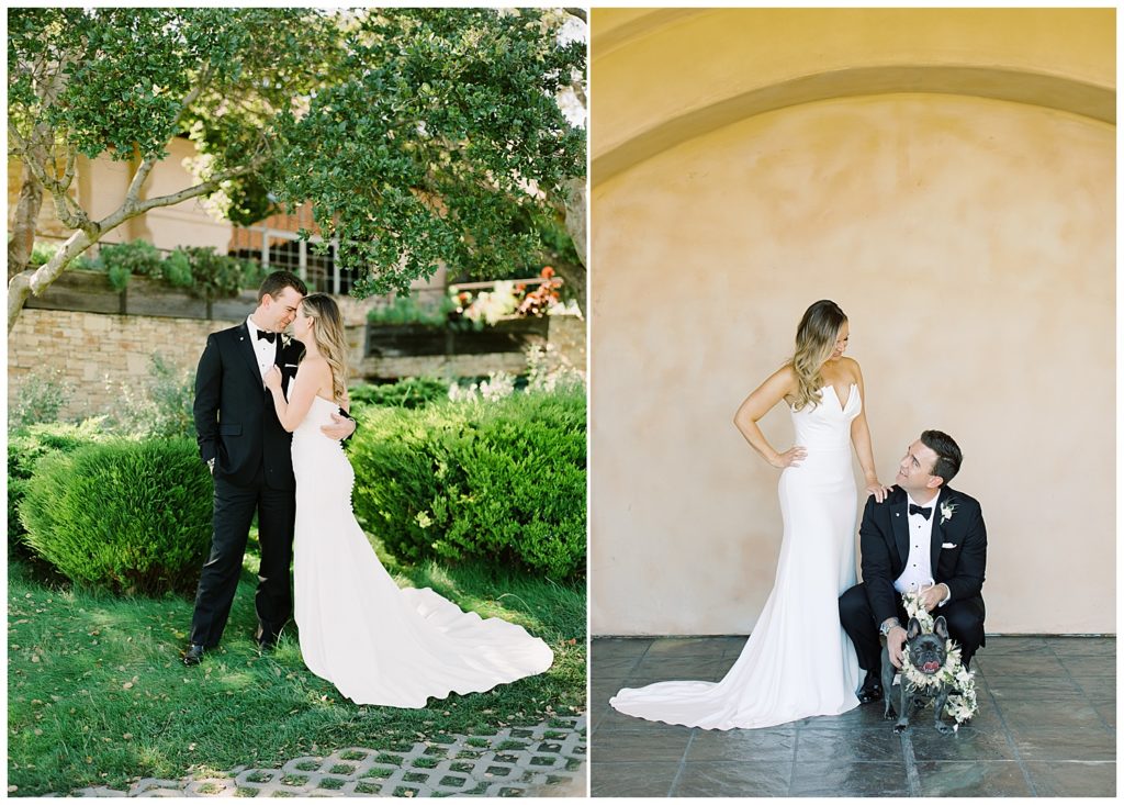 wedding portraits at Tehama of the couple embracing, followed by another photo of the groom crouching down with their French bulldog as his wife places her hand on his shoulder and smiles at him