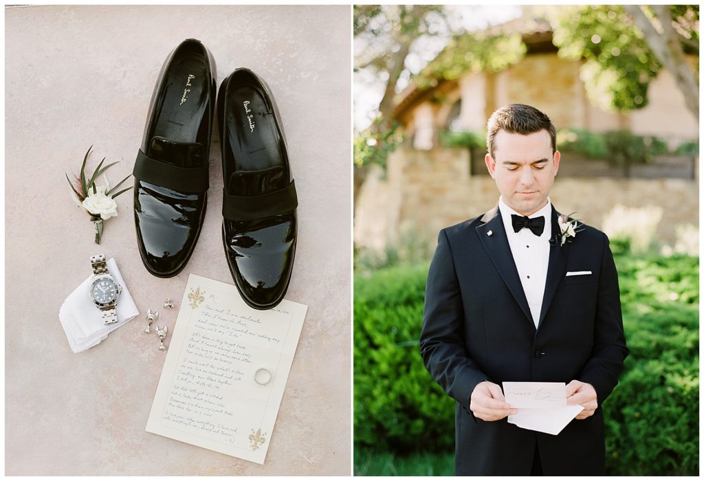 groom's black shoes by Paul Smith alongside his vows, ring, boutonnière, watch, and bulldog cuff pins; a portrait of the groom from the waist up as he rehearses his vows to himself by film photographer AGS Photo Art
