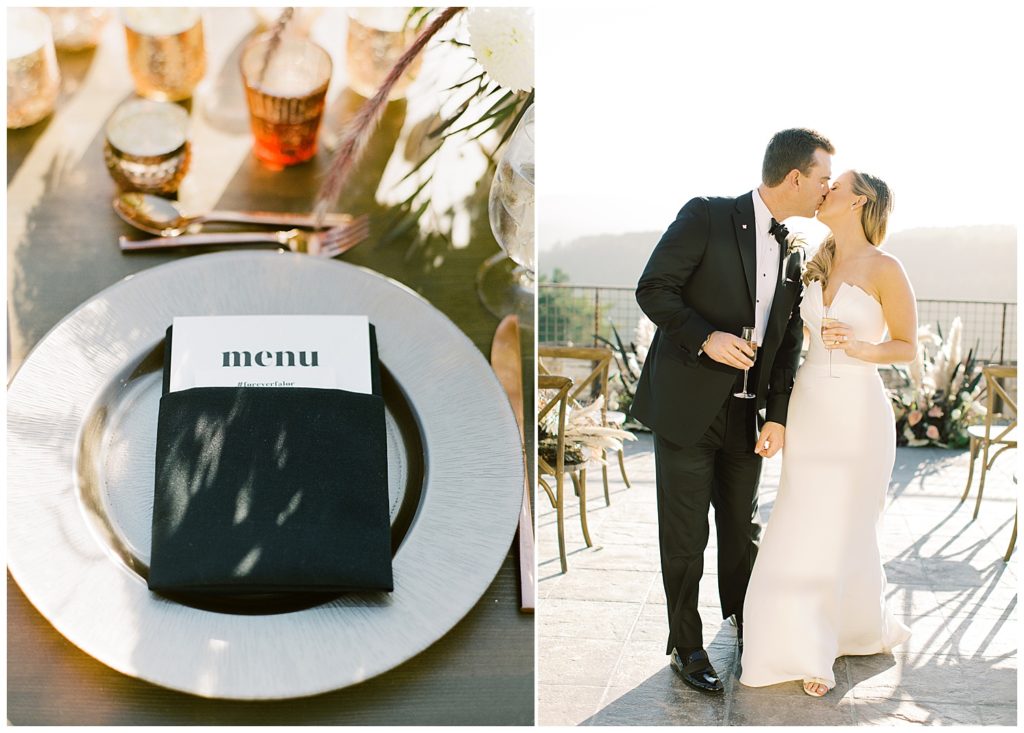 Black Tie Wedding At Tehama table details such as the menu tucked in a black napkin and rose gold cutlery; the bride and groom sharing a kiss while holding champagne flutes