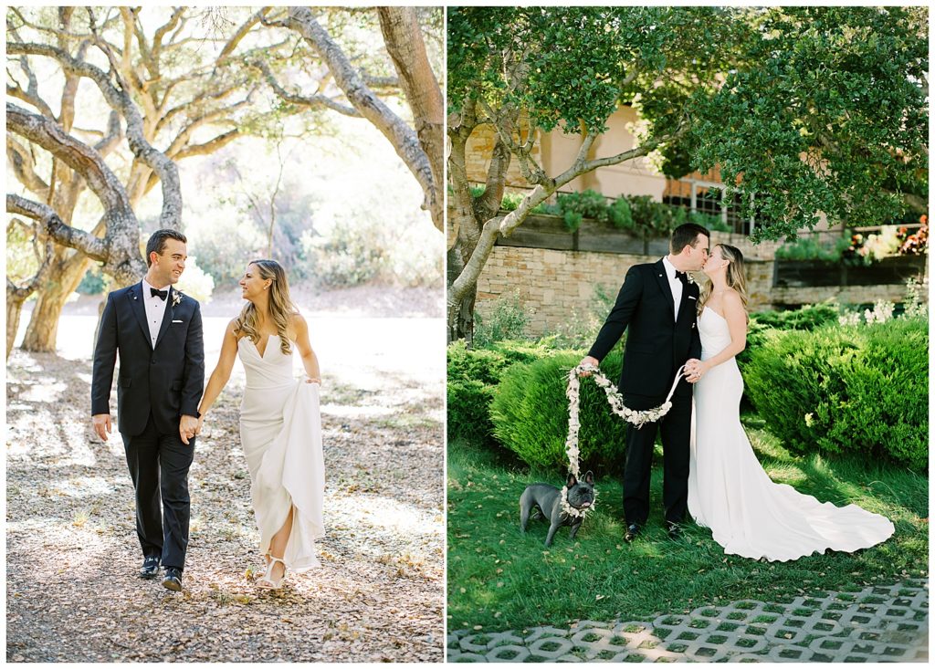 couple walking through the grounds at Tehama golf club; they share a kiss under a green leafy tree while holding the leash of their black French bulldog