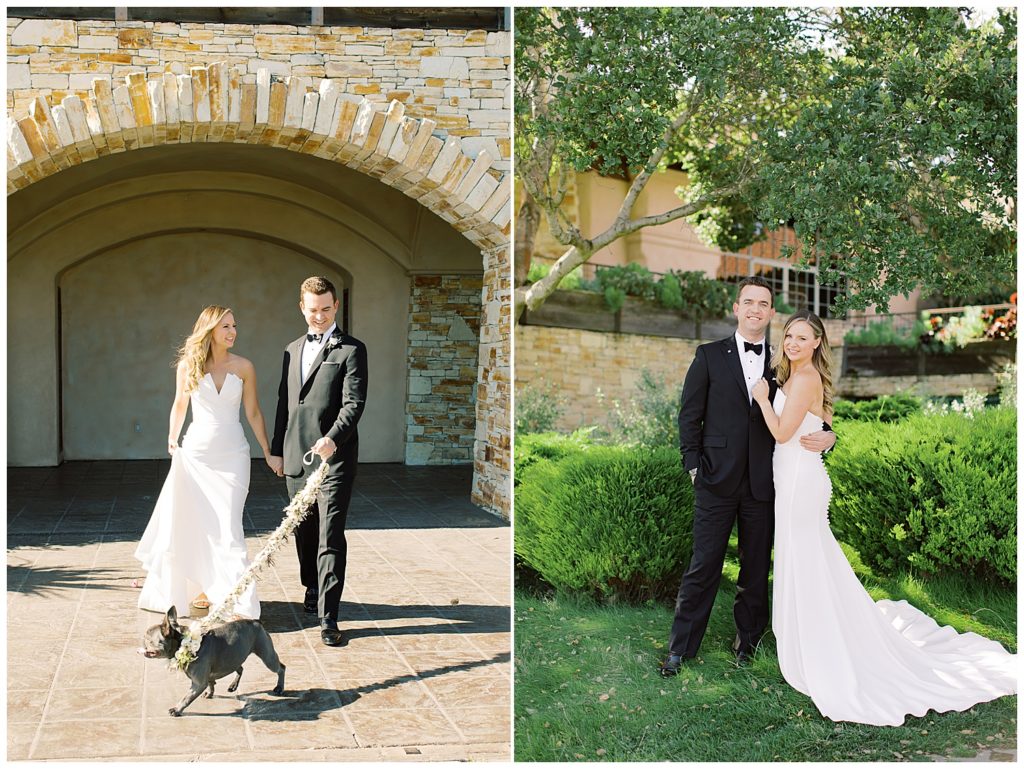 bride and groom walking their French bulldog around the grounds at Tehama Golf Club, their dog has flowers covering the leash and collar; couple portrait with the bride and groom smiling at the camera