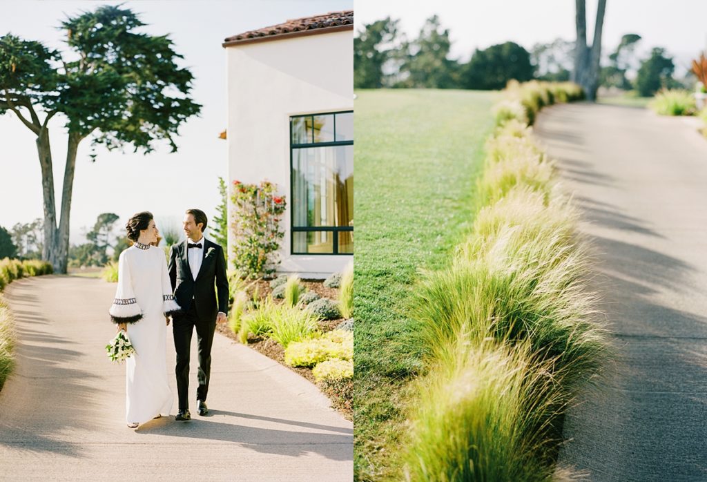 bride and groom walking down the street at the Monterey Peninsula Country Club