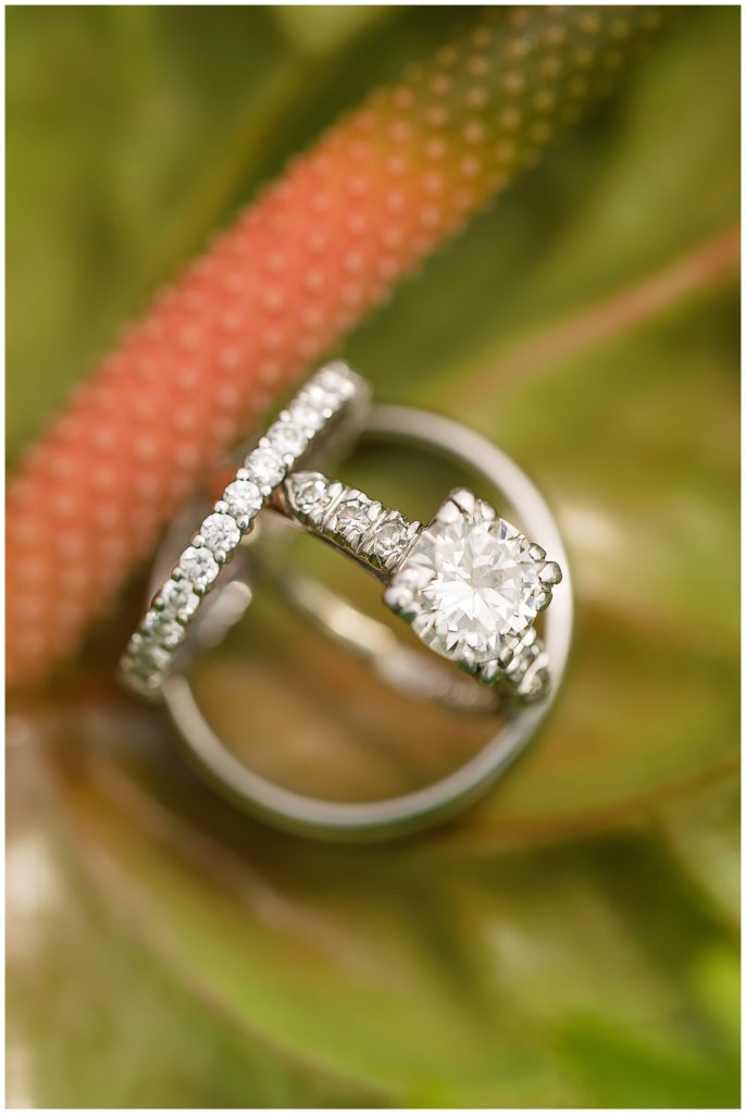 Carmel wedding rings nestled in green stems and leaves from the bride's bouquet