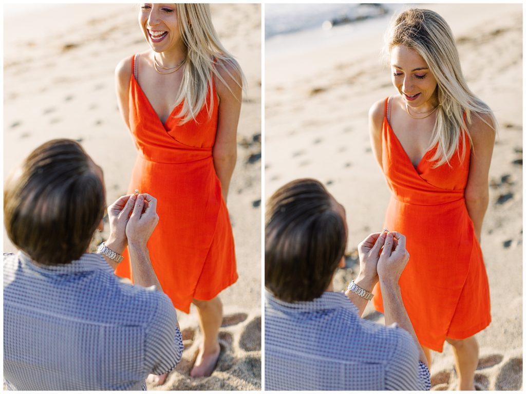 two images of a man holding up an engagement ring