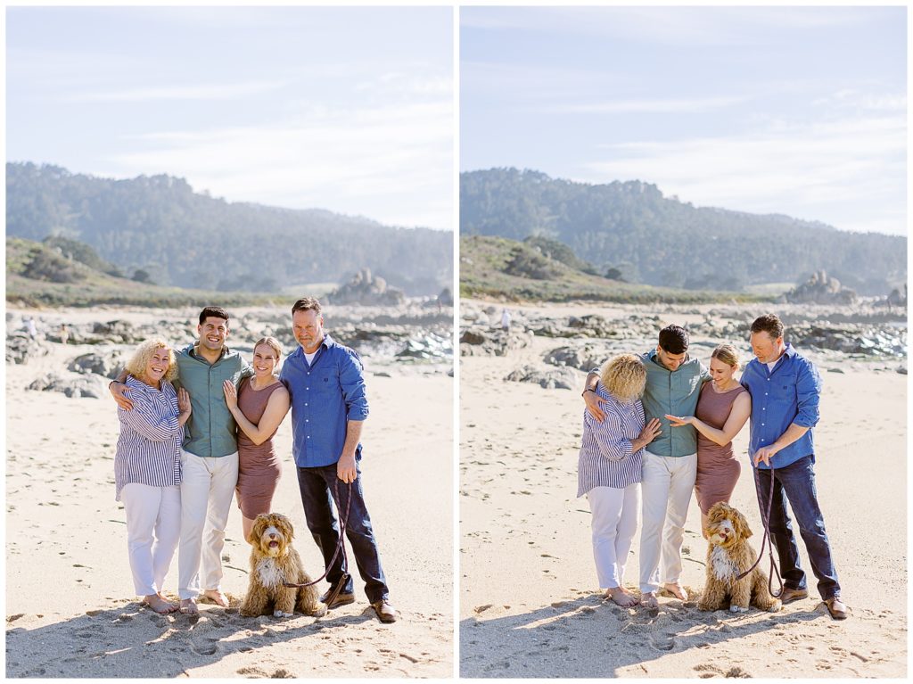 two images of a family posing for the camera