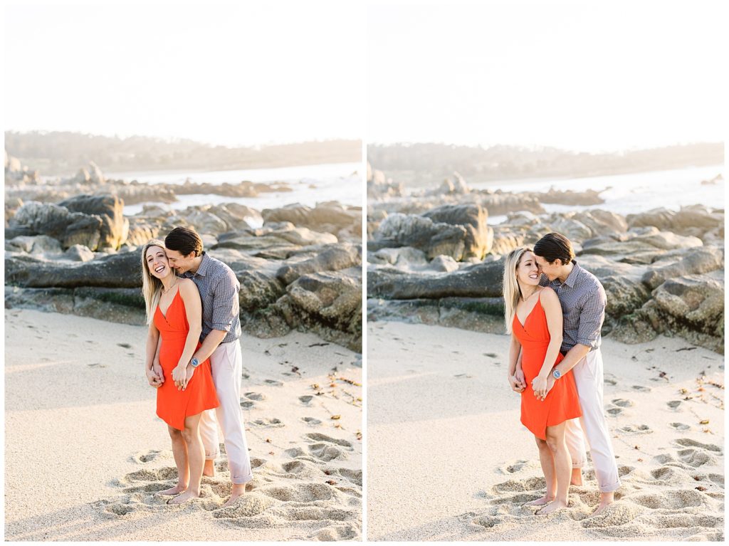 two images of a couple standing together on the beach