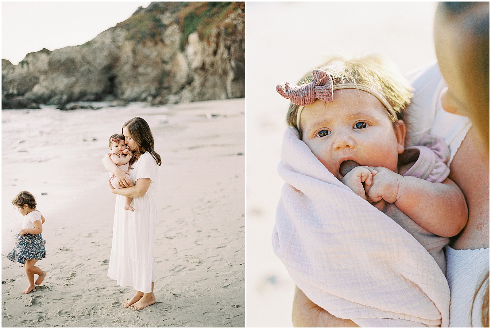 two images of a mom holding her baby on the beaches of Big Sur