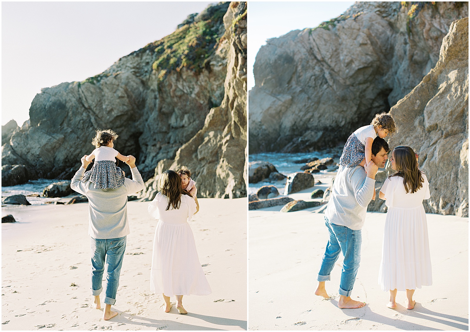 two portraits of a family of four walking along the beach in Big Sur CA