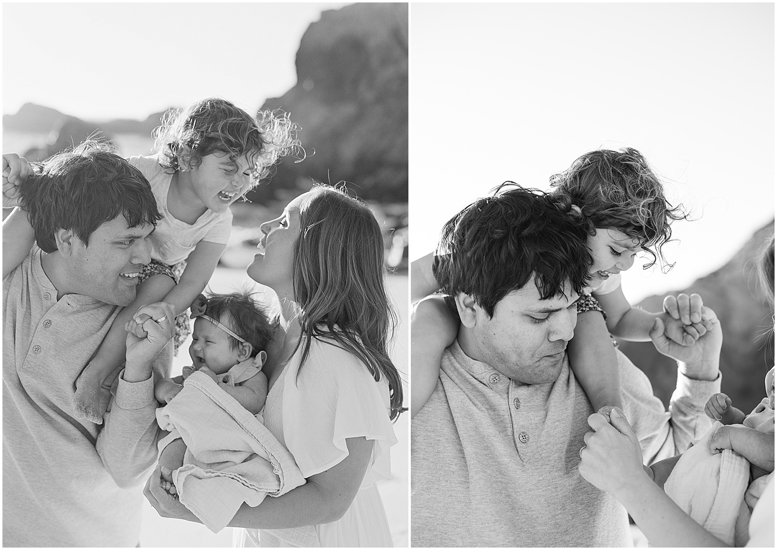 two black and white portraits of a family on the beaches of Big Sur