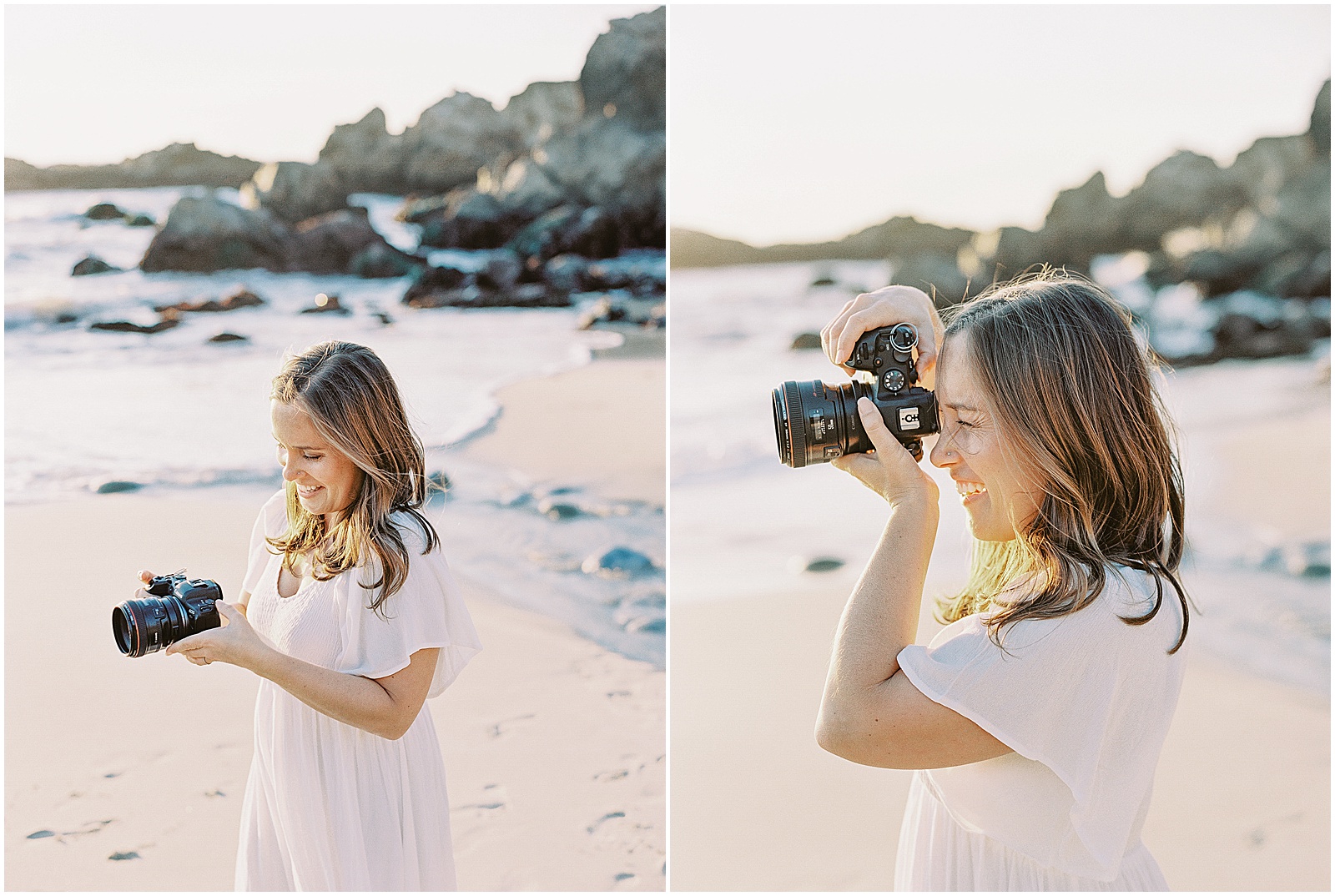 two images of a woman holding a camera on the beach