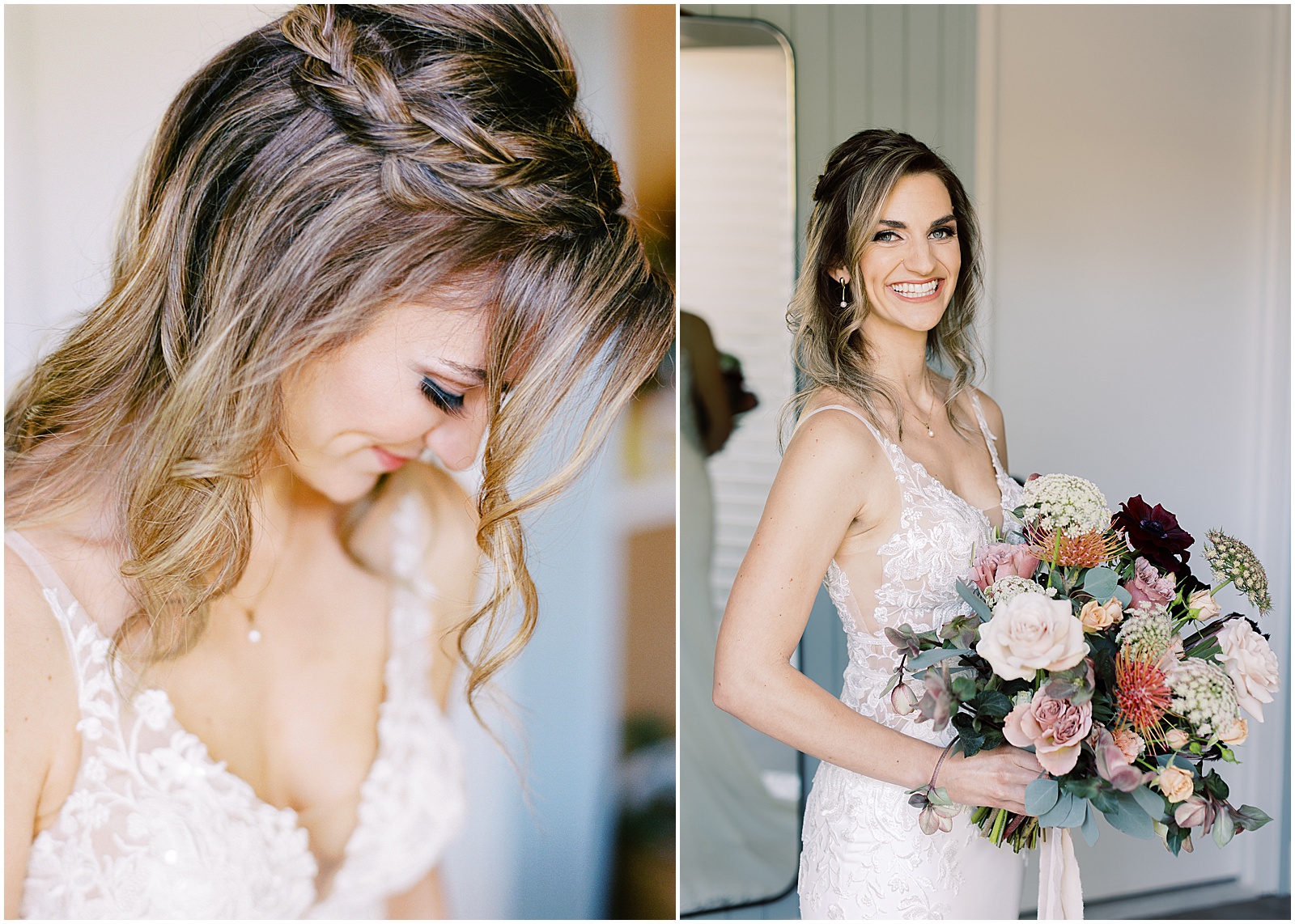 two portraits of a bride on her wedding day