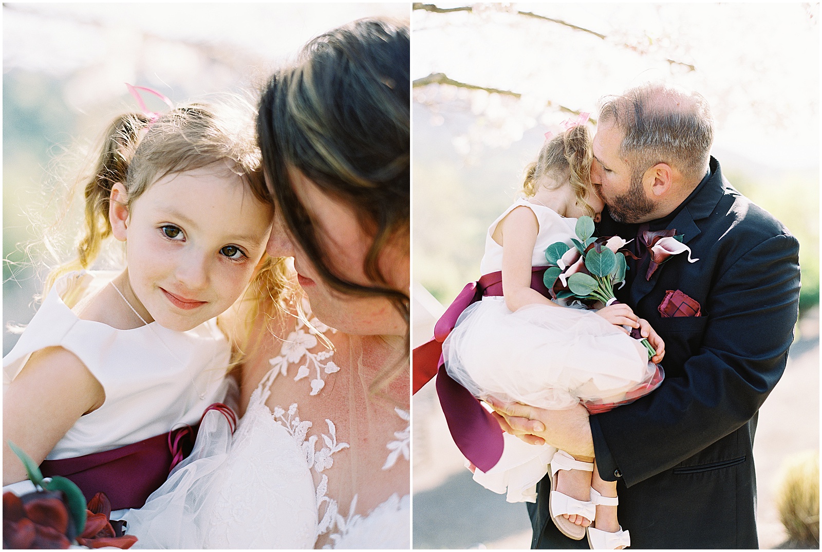 two images of the bride and groom holding their daughter