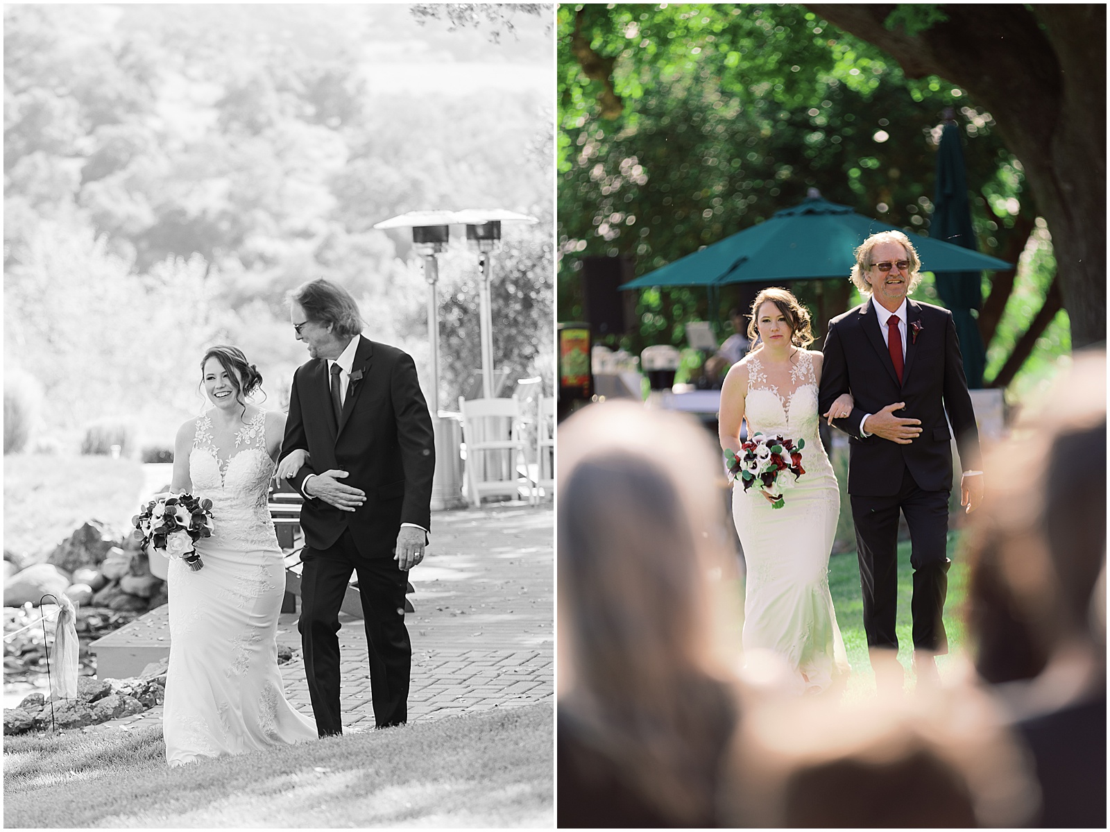 two images of the bride walking down the aisle with her dad
