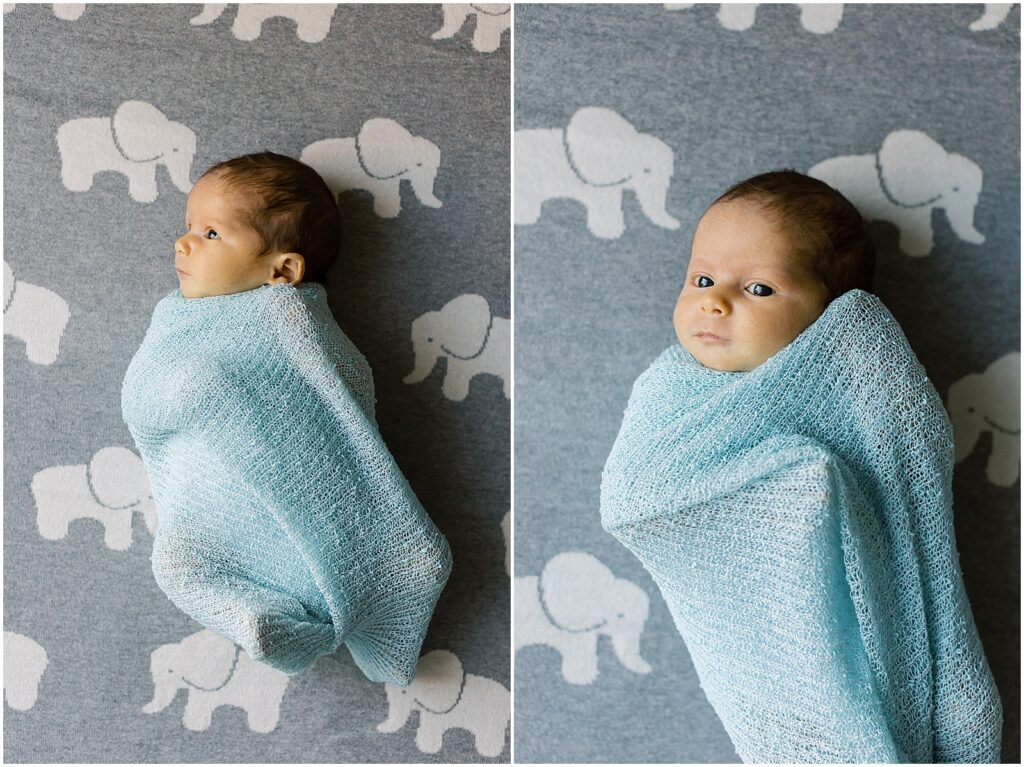 portrait of baby laying in crib swaddled in blue baby blanket by film photographer AGS Photo Art