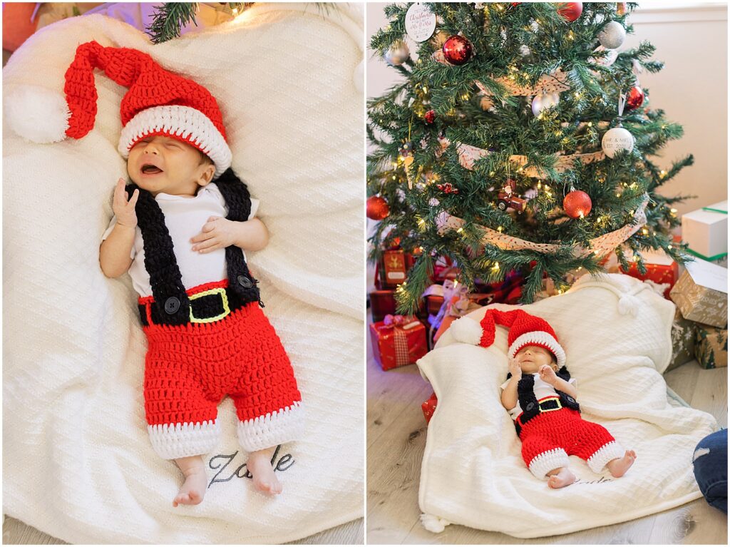 portrait of baby dressed as santa laying under christmas tree by film photographer AGS Photo Art
