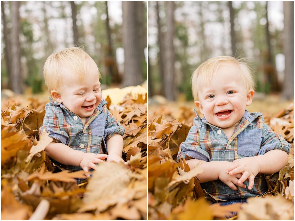 portrait of baby boy playing with leaves in forest by film photographer AGS Photo Art