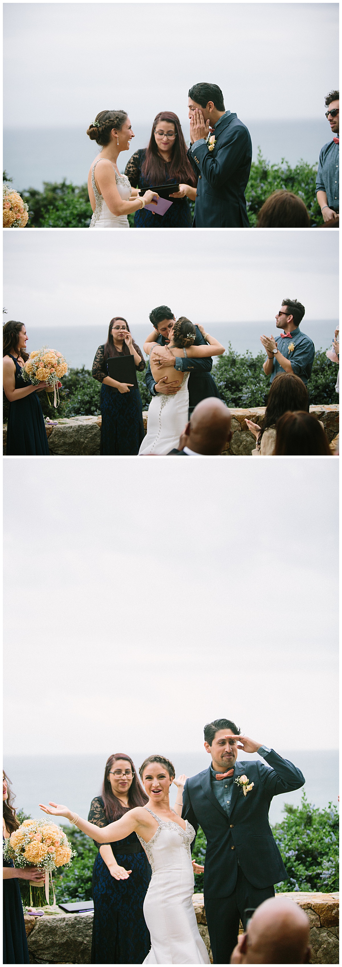 bride laughing, groom crying at alter at the Wind and Sea Estate in Big Sur california