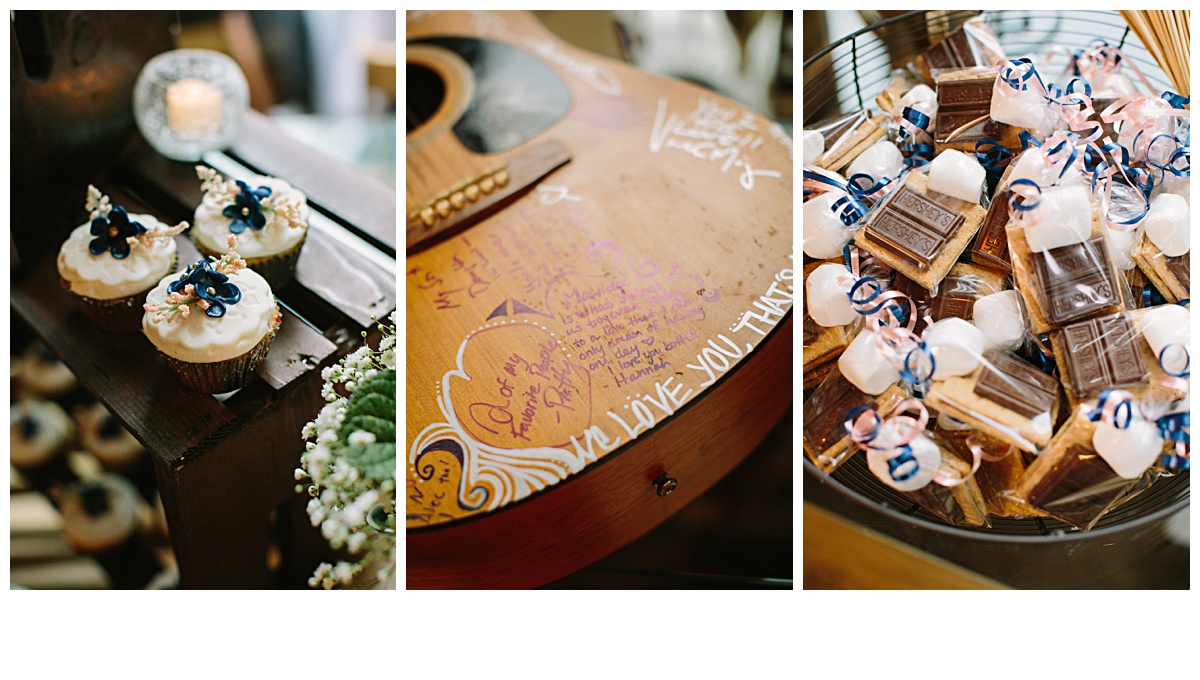small wedding details at Big Sur cupcakes, smores packets and signed guitar for wedding guest book