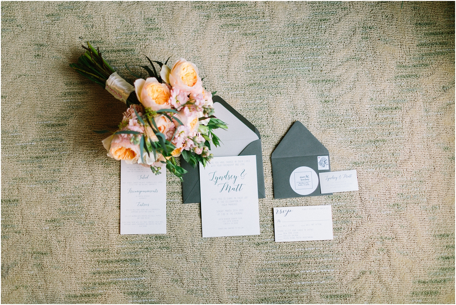 intimate and romantic country club wedding invitation details with flowers