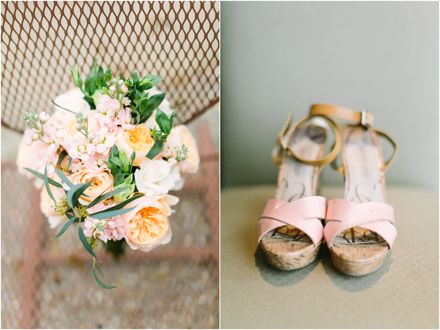 bridal details wedding heels and pink bouquet
