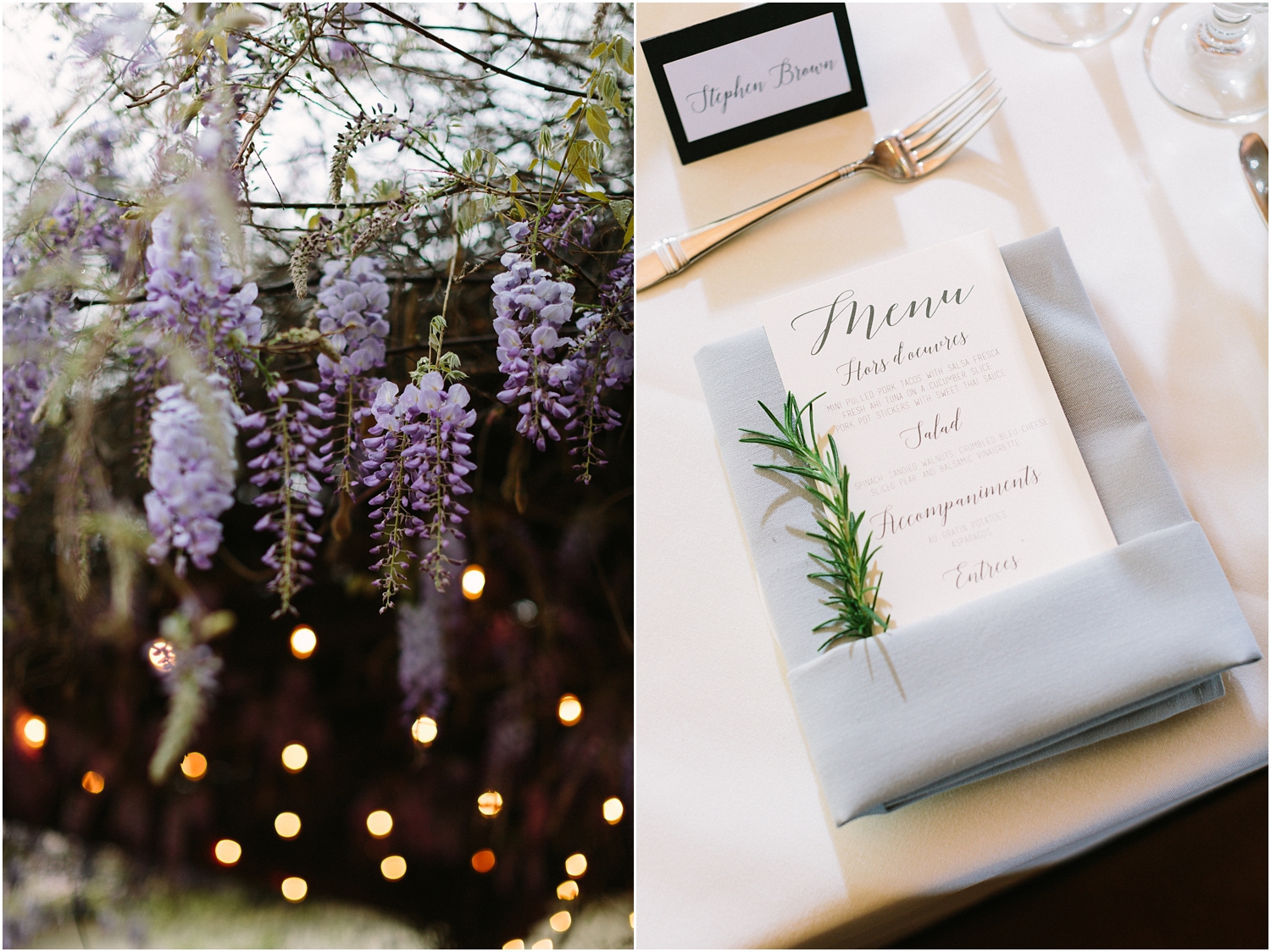 wedding details of wedding reception or rosemary and lavender menu cards