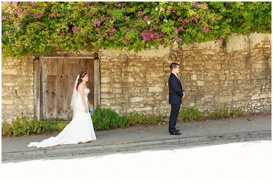 First Look with bride and groom at The Perry House Monterey California