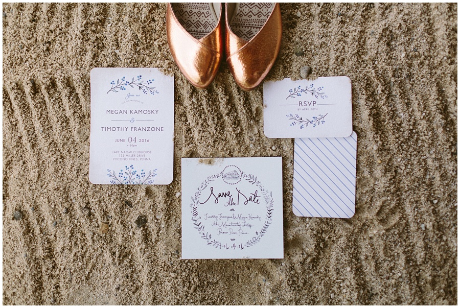 handmade wedding invitations and gold flats; wedding details for Unique wedding in the Poconos