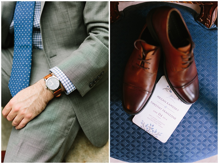 groom details grey suit blue tie brown shoes for his Unique wedding in the Poconos
