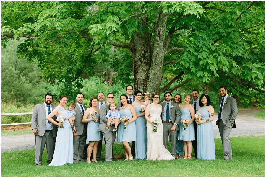 grey and blue casual bridal party portrait
