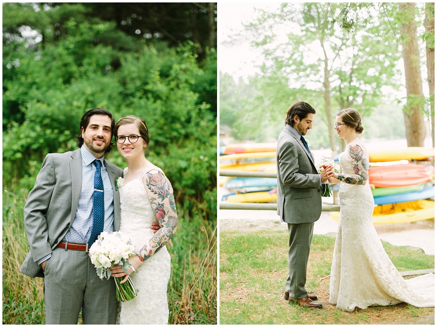 Unique wedding in the Poconos; bride and groom portraits outdoors with kayaks