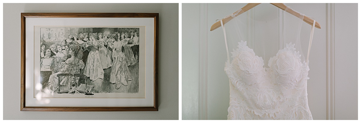 An old photo on the wall and simple, lace wedding gown