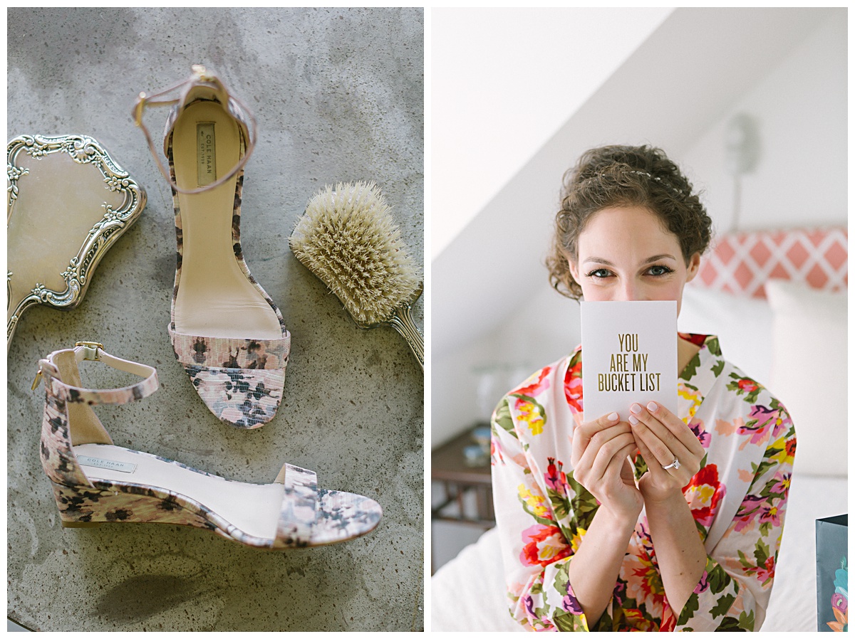 Bride holding a cute card for her groom and a detailed image of her pink and black wedding shoes