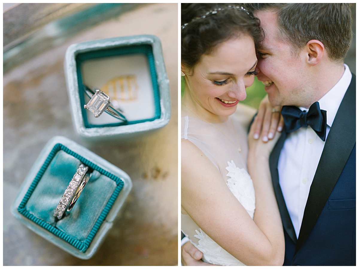 Emerald cut diamond ring and bride and groom embracing on their Flanagan Farm Wedding day in Portland, Maine
