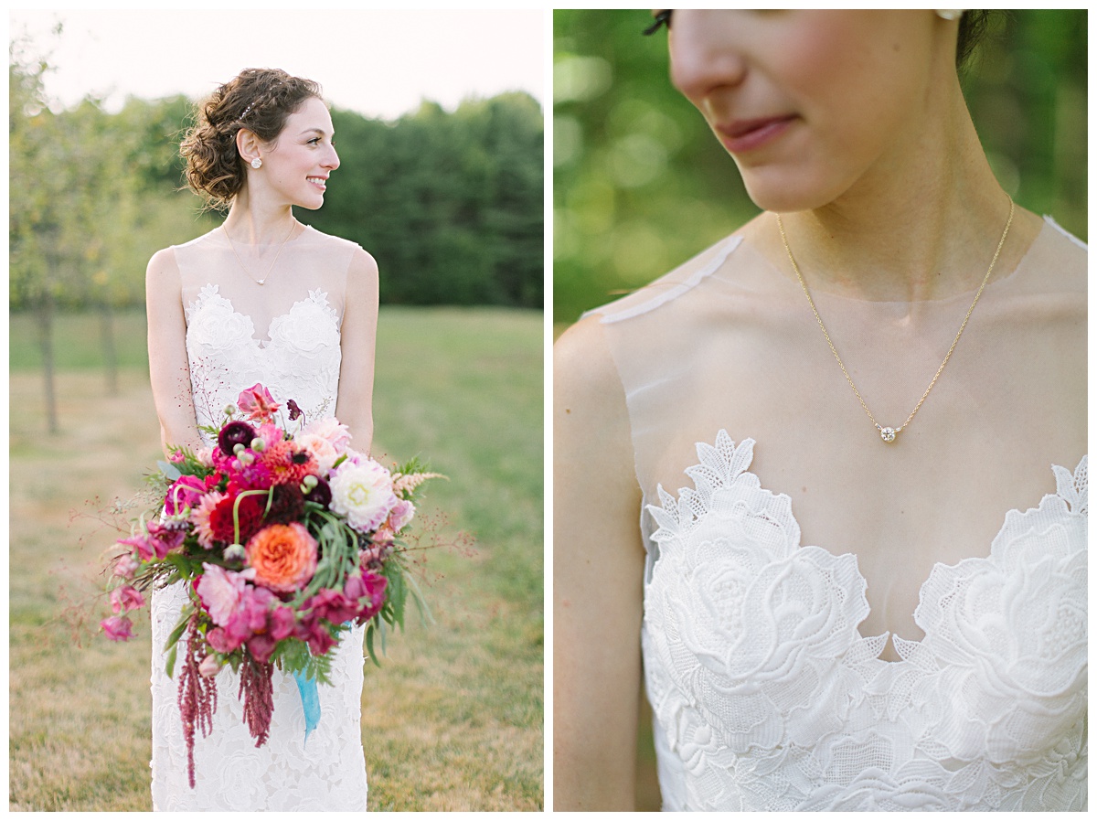 Flanagan Farm Wedding portrait of bride and bouquet in a simple lacy floral gown