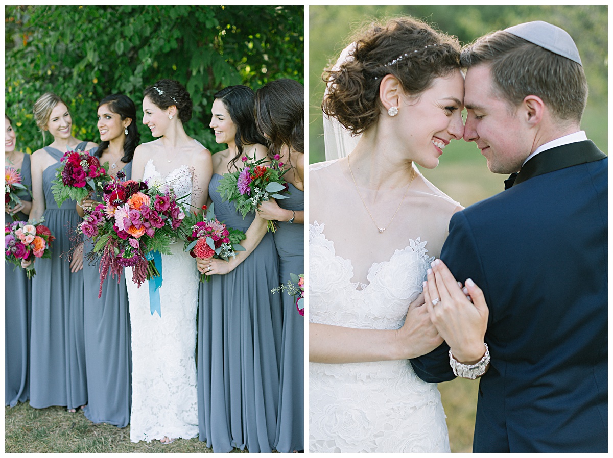 Dusty blue bridesmaids stand with beautiful bride holding brightly colored magenta bouquets at Flanagan Farm Wedding
