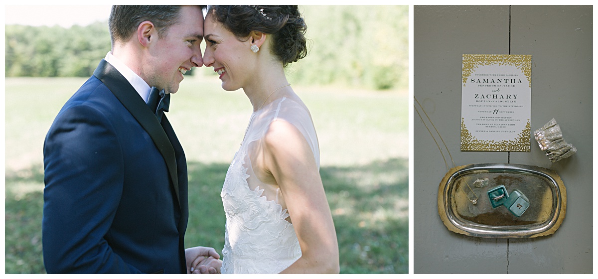 Bride and groom smiling at each other and their wedding details