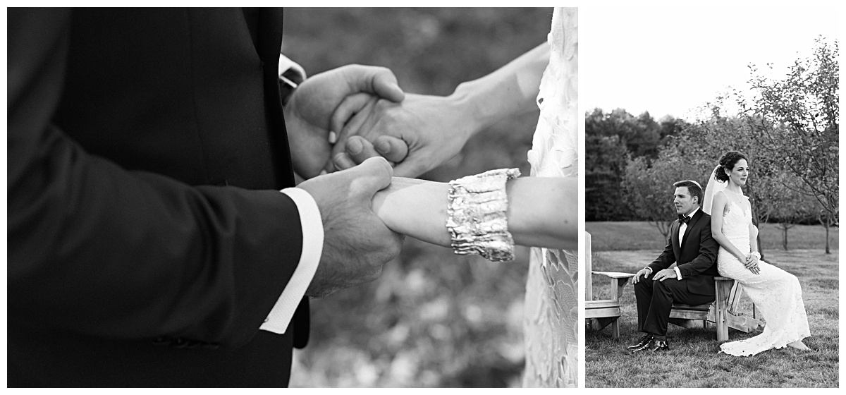 Classic black and white wedding photography with couple holding hands and sitting on chairs in lawn