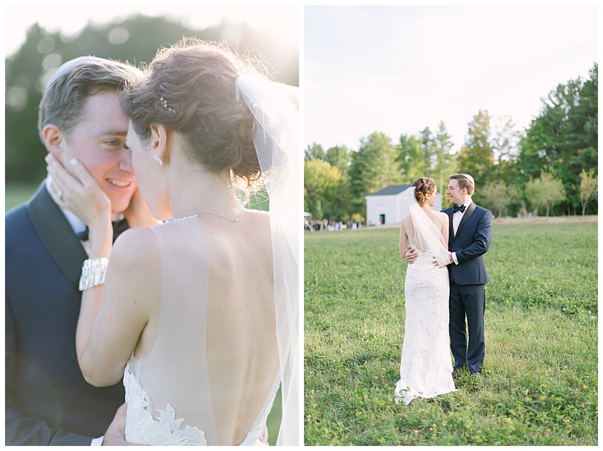 Sunny bride and groom portraits in grassy field in Portland, Maine